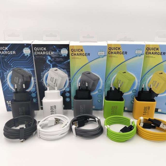 180W Charger Fast Charging Universal Daya Kustom USB-A 5 Warna With TYPE C Kabel Universal Hitam Put