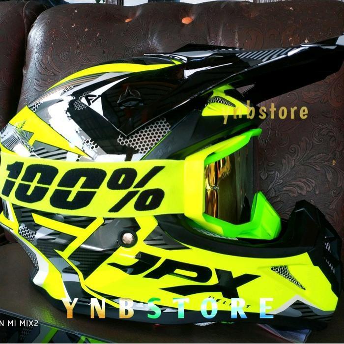 Helm Jpx Cross Fox1 X35 F1 Pro Yellow Fluo + Kacamata Goggle Google 100% Persen Original Dan Terperc