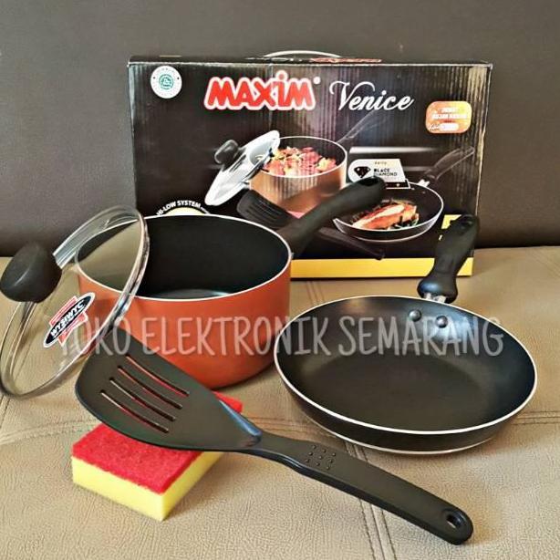 MAXIM VENICE SET WAJAN PANCI PENGGORENGAN TEFLON TUTUP KACA SPATULA SPONS