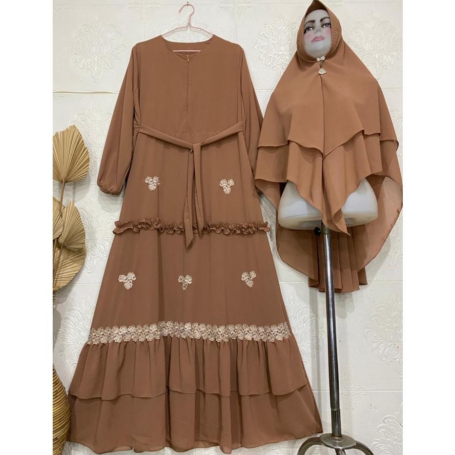 new product gamis syari ceruty renda / gamis terbaru mix renda bunga cantik / gamis ceruty babydoll