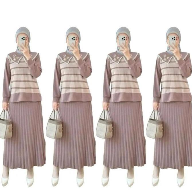 BMF2 - Setelan Rok Bordir Plisket SR 689 One Set XL Rib Knit Pakaian Fashion Muslim Wanita Panjang T