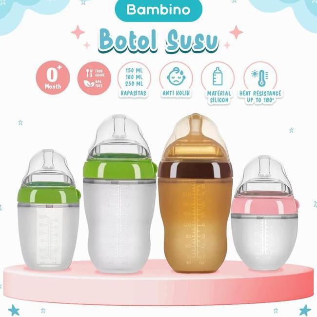 Bambino 036 Bulan Botol Susu Bayi Silikon Dengan Pegangan Dot Leher Lebar Anti Kolik Anti Bocor Piko