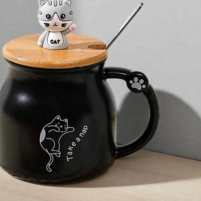 Mug Keramik Kucing Dengan Tutup Kayu Cangkir Keramik Cute Kucing