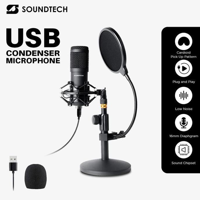 TERMURAH - SOUNDTECH ST-800 USB Condenser Microphone 192kHz 24bit Plug & Play | Mic Podcast Streamin
