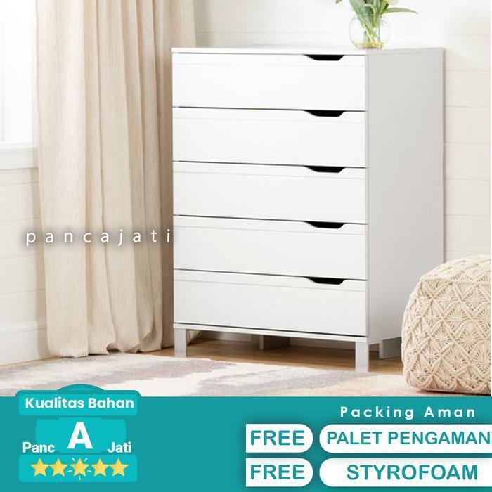 Lemari Laci 5 Susun Warna Full Putih Kaki Kayu