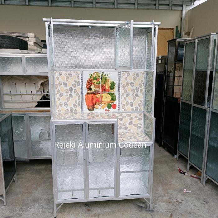 Rak Piring Lemari Dapur Aluminium Pintu 3 Tinggi 170cm Full Plat Dan Kaca Meja