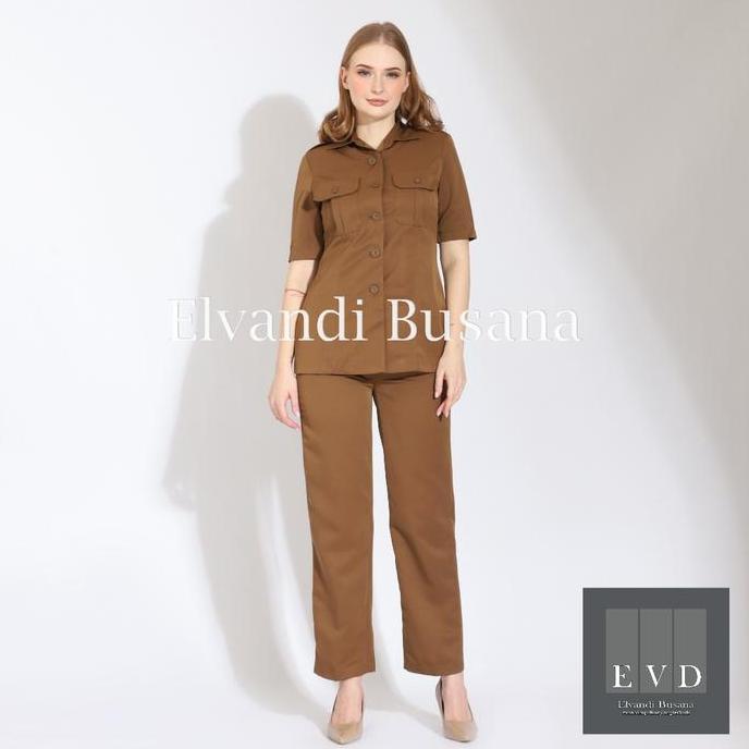 Termurah / Hot Sale Setelan Jas Wanita Blazer Model Saku Atas Khaki Tua Gelap Seragam Guru Baju Pns 