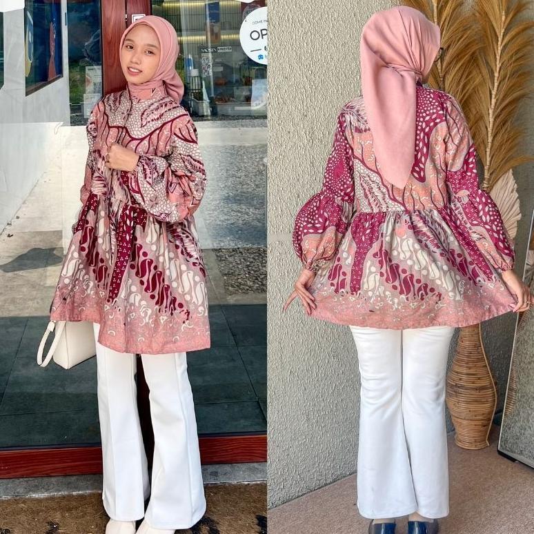 Official Rasaraya Batik Chaya Blouse Wanita Katun - Atasan Batik Kerja Kantor Soft Pink Tangan Balon
