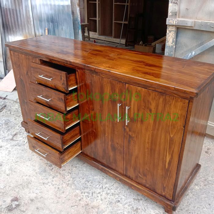 meja buffet kayu jati belanda 3 pintu 5 laci