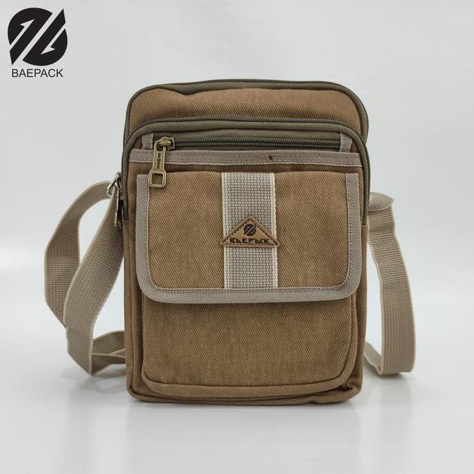 Baepack Tas Selempang Kanvas Pria Alfie Cokelat Muda Original / Tas Bahu Selempang Canvas Premium Ae