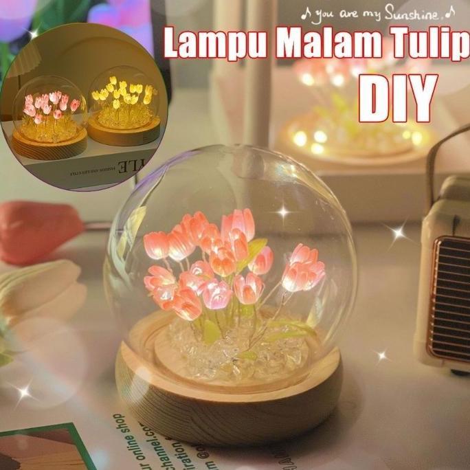 BLANCHENAM Lampu Malam Tulip Simulasi DIY Tulip Baterai Dioperasikan Lampu Meja Bunga Tulip Lampu Ma