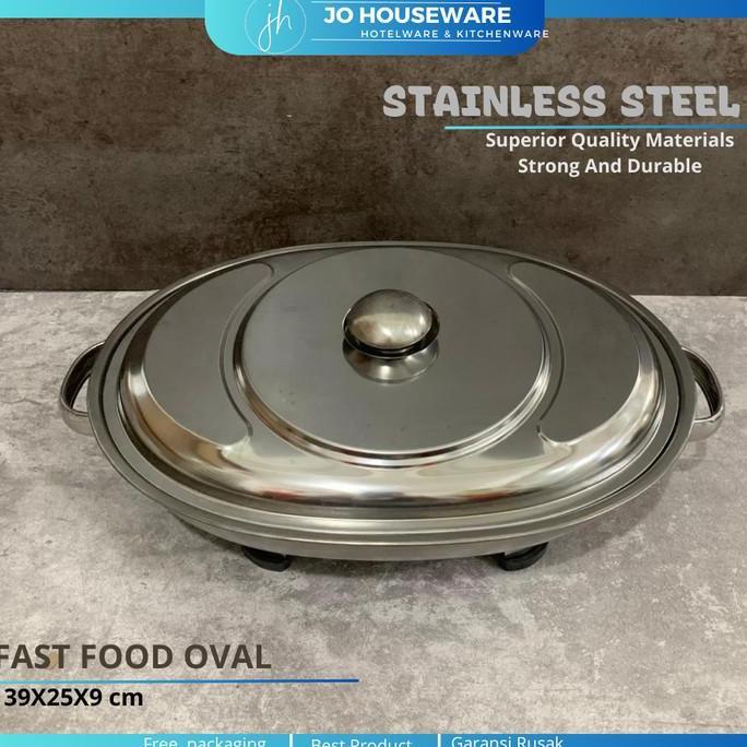Fast food oval tutup kaca tempat makan prasmanan oval stainless saji