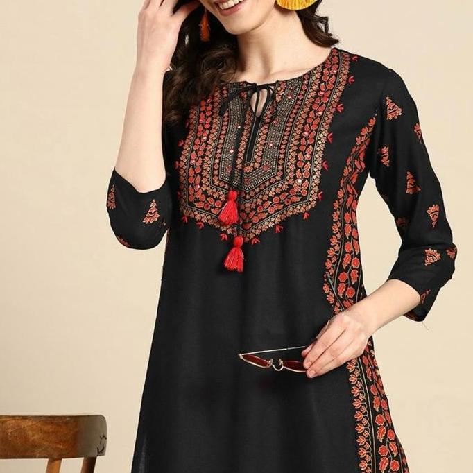 Laqueens Sangria black baju India kurta kurti hitam atasan tunik panjang Muslim wanita remaja Dewasa