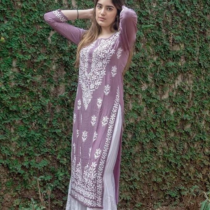 Laqueens Gosriki Lavender Long kurta chikankari baju India wanita dewasa motif bordir chikankari lav