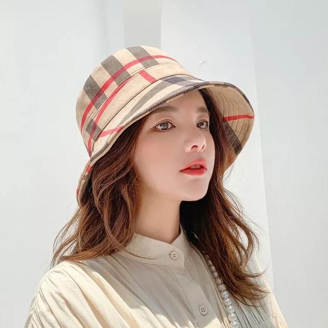 Kunura- Topi Bucket Gaya Korea Model Garis  Kotak Kekinian Bisa Cod Zh69