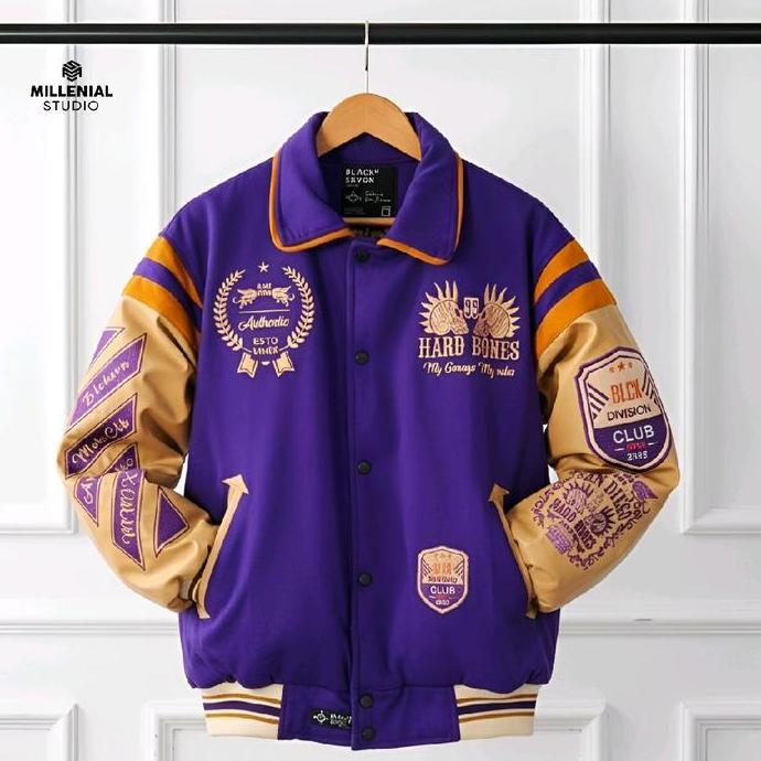 Untere- Varsity Jacket San Diego Hard Bones Purple Cream | Jaket Baseball Kerah Bordir Original Unis