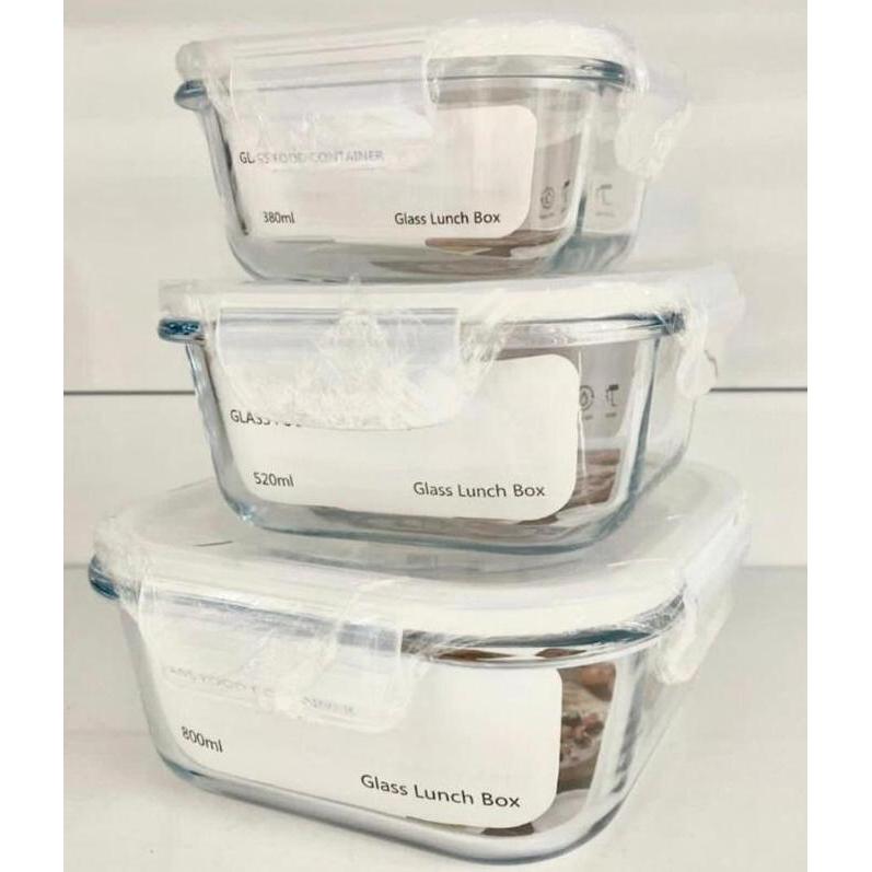 New Glasslock Lunch Set Tempat Makan Wadah Kaca Food Storage Container 3In1