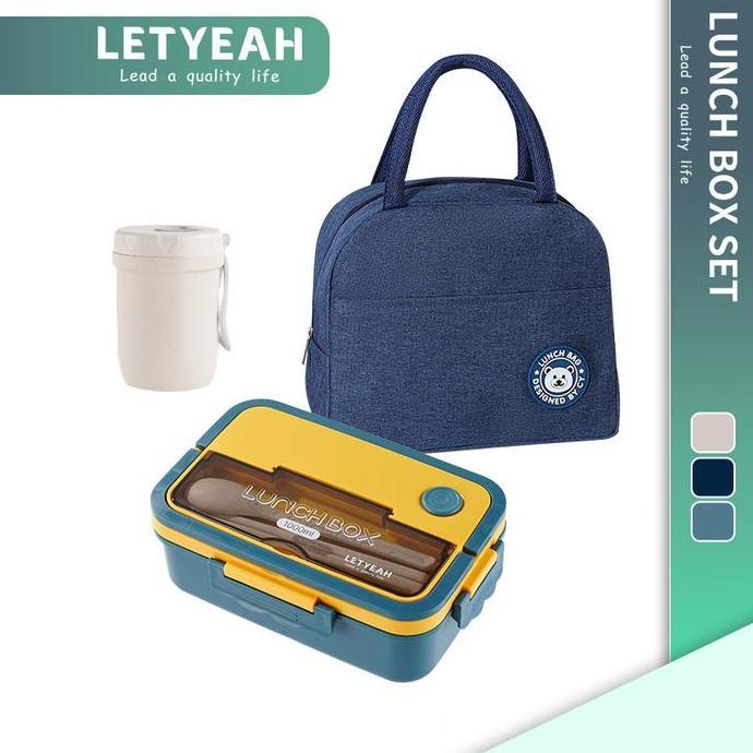 New Lunch Box SetLetyeah 3 Grid Lunch Box Set 1000Ml/Kotak Bekal Makan Anti Tumpah/Tas Bekal Set