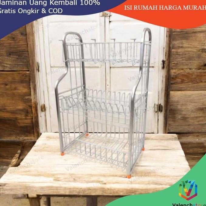 RAK PIRING 3 SUSUN DENGAN GELAS RPL 03 LENGKUNG /RAK DAPUR / RAK GELAS/ RAK PIRING ALUMUNIUM 3 SUSUN