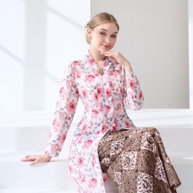 BEST SELLER Kebaya Kartini Tunik Bunga / Kebaya Lebaran Motif Bunga Pink / Kebaya Kartini Bigsize