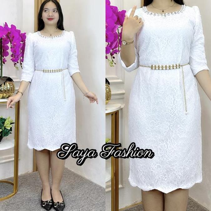 Kleid- Midi Dress Brokat Putih Span Permata + Belt 5440 M18 Standar-Jumbo Baju Wanita Casual