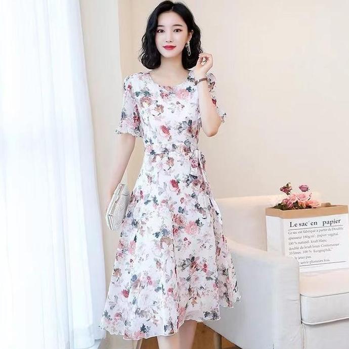 Kleid- Dress Korea Wanita/Midi Dress Motif Bunga/Baju Kondangan Jumbo Gaun Retro  Pantai  Casual Gau