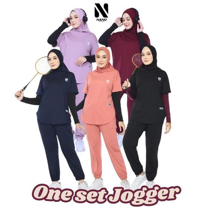 Heddosukafu- Nano Sportswear Baju Senam Muslim Wanita Jogger / Setelan Baju Senam Jogger / One Set W