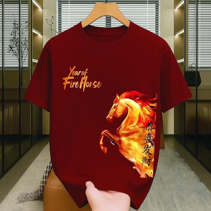 Vorgese- 10Xl Kaos Wanita Pria Imlek Kuda Api 2026 Crew Neck Kaos Imlek Merah Kaos Pria Dan Wanita K