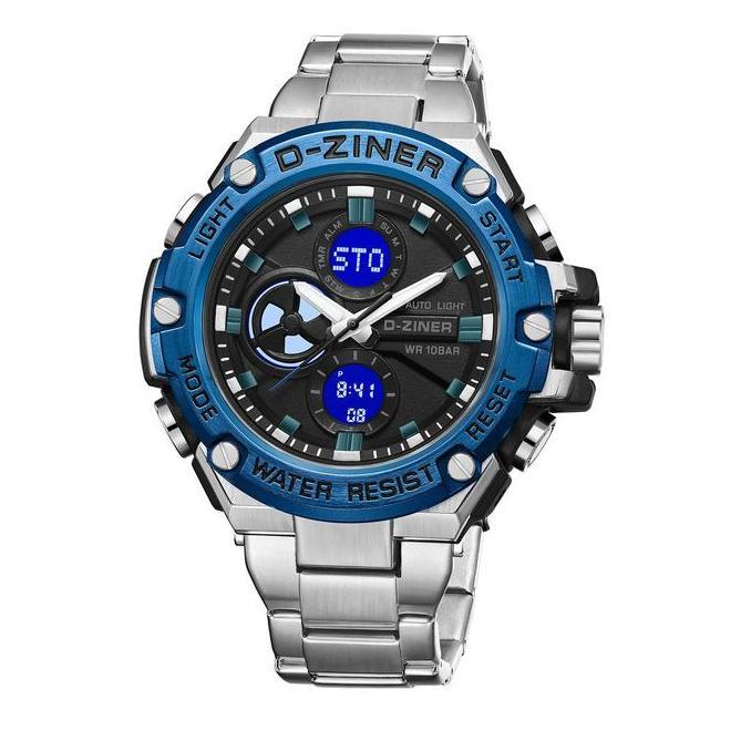 Frau- Dziner Jam Tangan Pria 8347 Rantai Stainless Steel Double Time Water Resistant 10Atm Kaca Watc