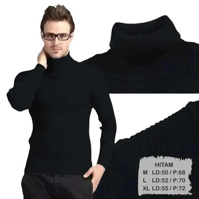 liso wear - Kaos Kerah Leher Tinggi Turtleneck Pria Lengan Panjang Waffle Baju Polos Hitam