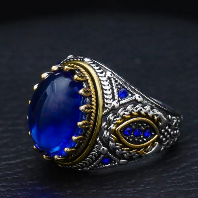 Vintage Pria Mata Biru Dalam Cincin Kristal Biru Buatan Emas Gandum Spike Totem Punk Cincin Keren Ha