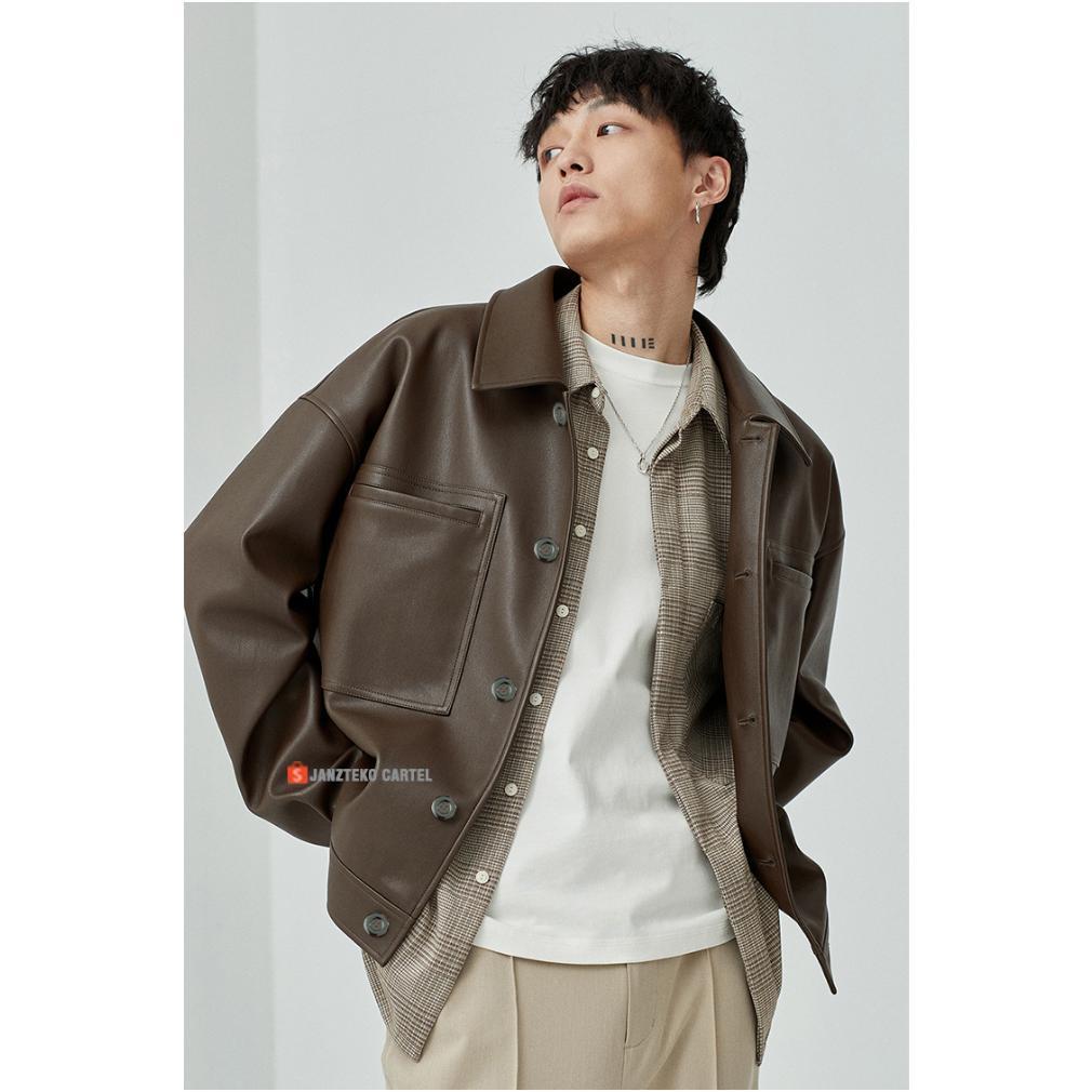 HEMAT JNK x MAURO - Jaket Kulit Imitasi Pria Hitam Coklat Overisze Ukuran Besar Leather Jacket Premi