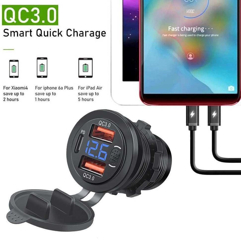 ZELVIERAS CHARGER MOTOR 3 PORT USB FAST CHARGING DENGAN LED VOLTMETER WATERPROOF ORIGINAL ORIGINAL