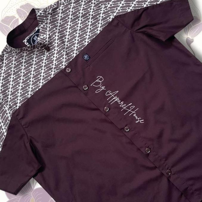 BAH 749 | Kemeja Koko Kombinasi Batik Jumbo Pria Big Size | Batik Modern Parang geometris silang Mau