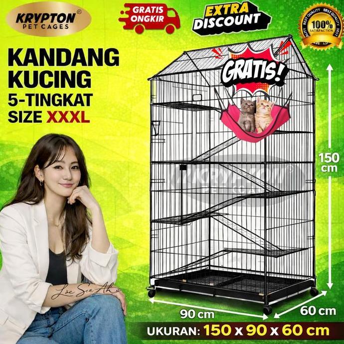 Kandang Kucing Tingkat 5 EXTRA JUMBO 150x90x60 + RODA Model Rumah