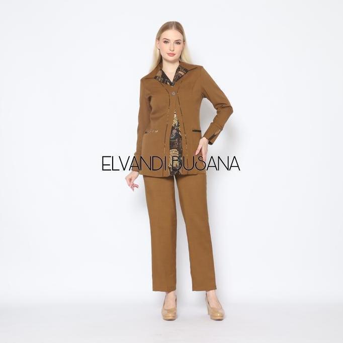 Setelan Jas Wanita Blazer Model Blazer Batik Khaki Tua Seragam Guru Baju PNS & Pemda - 6602 Setelan 
