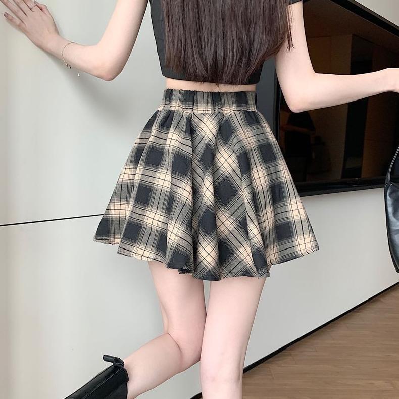 PROMO S-2XL Rok Pendek Pinggang Tinggi Ala Korea Rok Pendek Kemeja Kotak-kotak Rok Pendek Tidak Bera