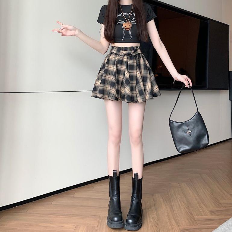 PROMO S-2XL Rok Pendek Pinggang Tinggi Ala Korea Rok Pendek Kemeja Kotak-kotak Rok Pendek Tidak Bera