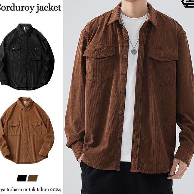 Kemeja Korduroi Polos Pria Unisex Lengan Panjang Jaket Corduroy Pria Kemeja Corduroy Pria Korean Sty
