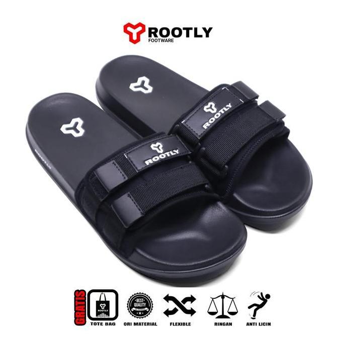 Rootly - Sandal Selop Velcro Pria Webing Terbaru Full Black Shoes Canvas