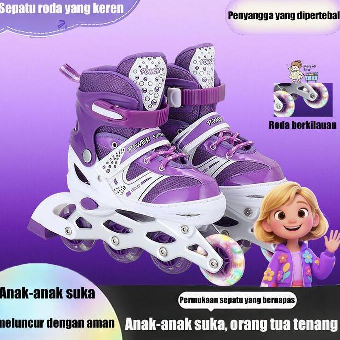 Sepatu Roda Anak 3-10 Tahun - Set Lengkap dengan Roda LED Berkedip, Warna Ungu Full Glow (Bisa Diset
