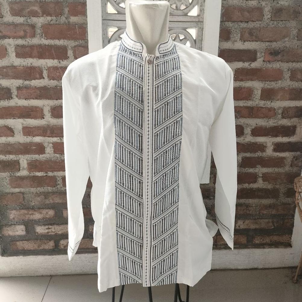 Premium Baju Koko Muslim Bordir Lengan Panjang Putih Tulang Bahan Sutra Kenzi Jaguar