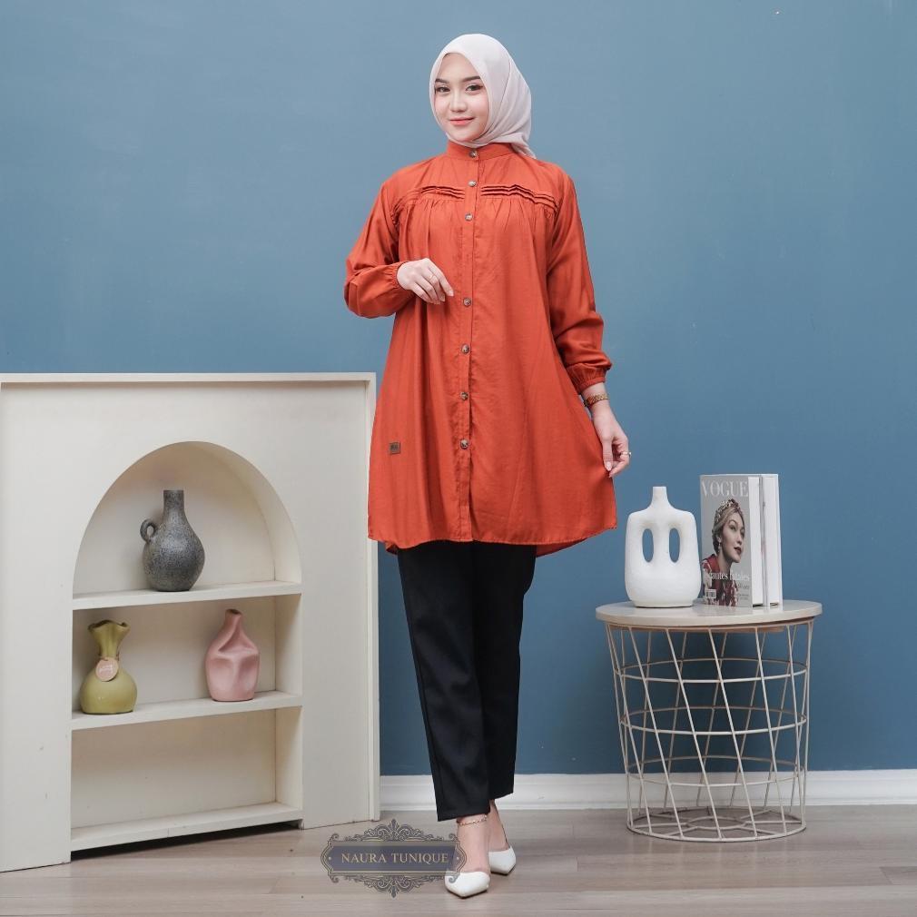 FAVORIT ( JUMBO ) Kaisa Tunik Polo Linen Kemeja Long Tunik Atasan wanita LD 110-130 by NAURA TUNIQUE