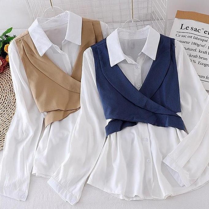 FLASH SALE Tunik Wanita dan Rompi Korean Style Davina Top Deandra Atasan Blouse 2in1 Aksen Kancing C
