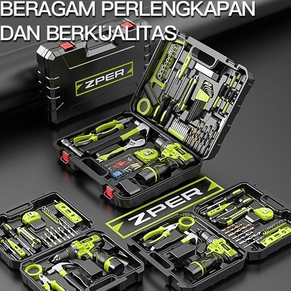 UM1 ZPER 120PCS Tool Box Besar Mesin Bor Baterai Toolkit Set Alat Tukang Bangunan Lengkap Kotak Perk