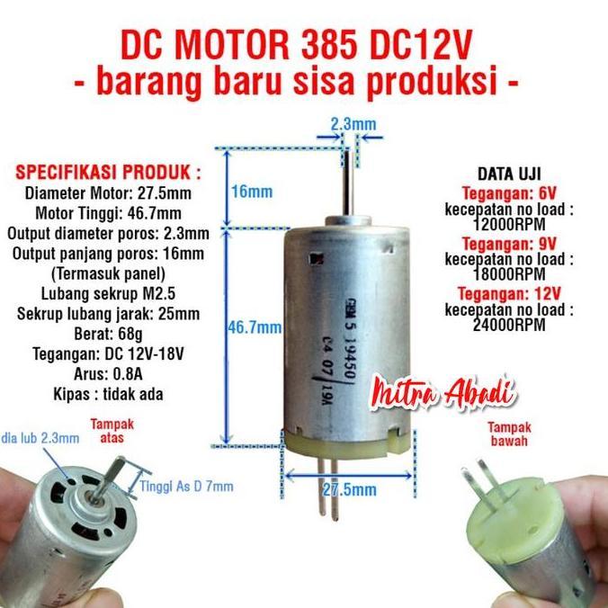 ASTAROL Motor Dinamo Kecil 385 DC 12V 15W AXIS AS 2.3 mm NO FAN
