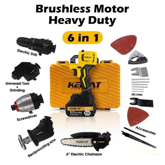 KEELATKEELAT Cordless drill 6 in 1 Mesin Bor Dampak Bor Tanpa Kabel Gergaji Bolak-balik Gergaji Sand