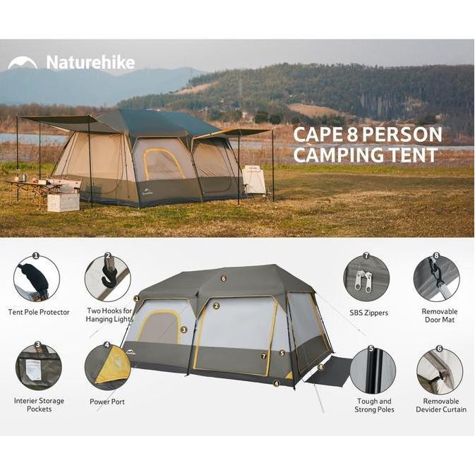 Tenda Otomatis Camping Cape 8P Naturehike CNK2450WS050 Tenda Glamping Otomatis Keluarga 8 Orang