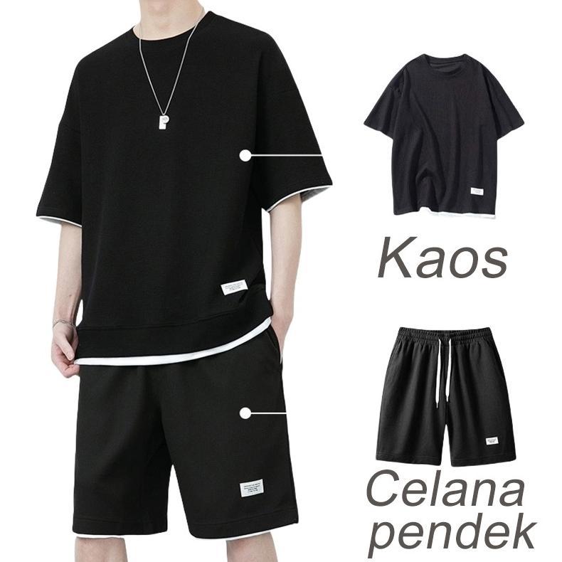 PROMO (Waffle)Baju Setelan Pria/Baju Oversize Pria/Korea Style Pria - Kaos dan Celana Pendek|4 Warna