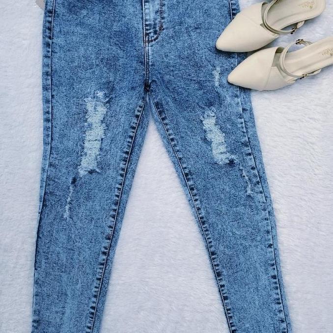 hw SOBEK RAWIS celana jeans sobek wanita  Panjang Cewek Denim Dewasa Skinny Waist Karet Hitam Kaki N